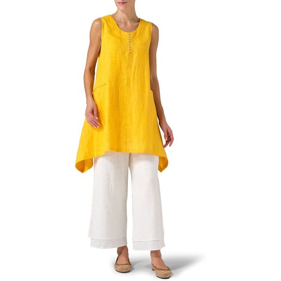 Linen Sleeveless Asymmetric Hem Tunic - Sunflower Yellow - 2X - Picture 3 of 14
